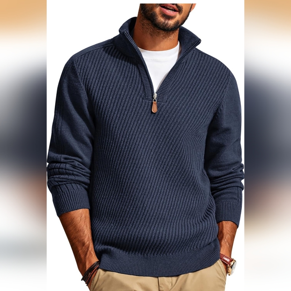 PJ PAUL JONES Mens Quarter Zip Pullover Sweaters Casual Slim Fit Knit Text